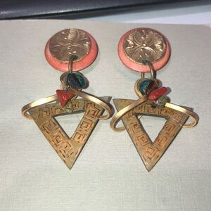 NOC Coral and Brass Geometric Triangle Drop Earrings